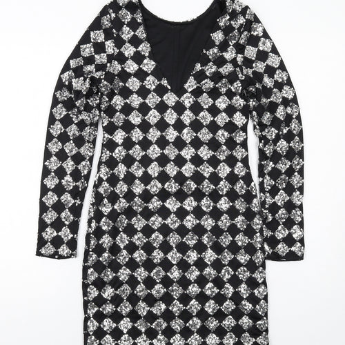 Motel Womens Black Argyle/Diamond Polyester Bodycon Size S Round Neck Pullover