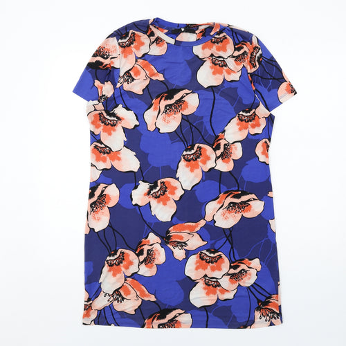 Very Womens Blue Floral Polyester A-Line Size 10 Round Neck Pullover