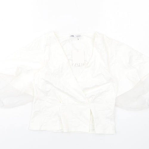 Zara Womens White Viscose Cropped Blouse Size S V-Neck