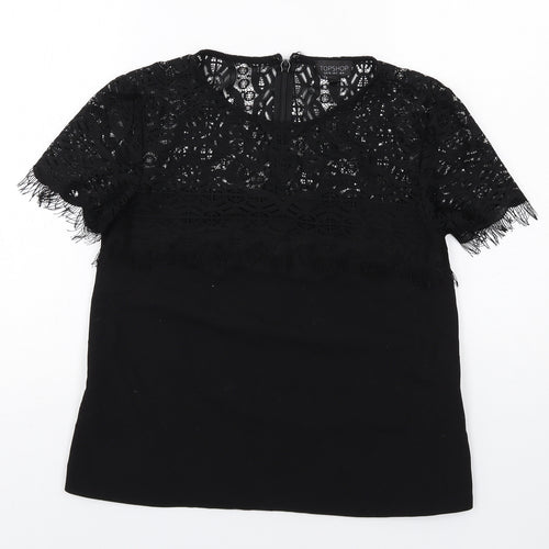 Topshop Womens Black Polyester Basic Blouse Size 8 Round Neck - Lace Details