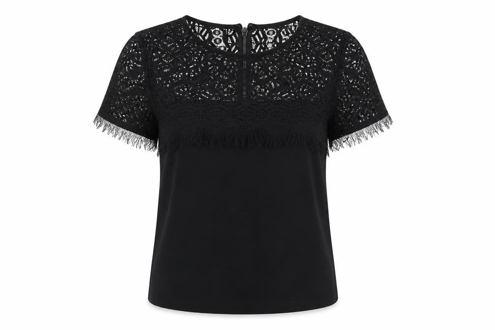 Front view of Topshop women’s black polyester basic blouse, size UK 8, round neck - lace details