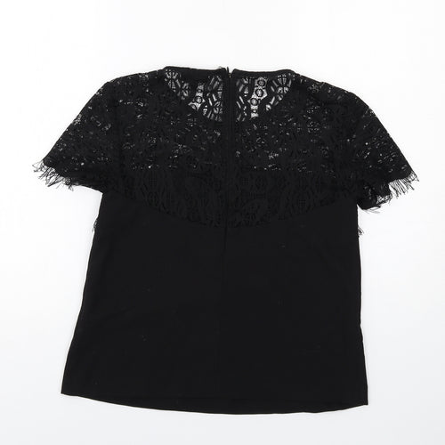 Topshop Womens Black Polyester Basic Blouse Size 8 Round Neck - Lace Details