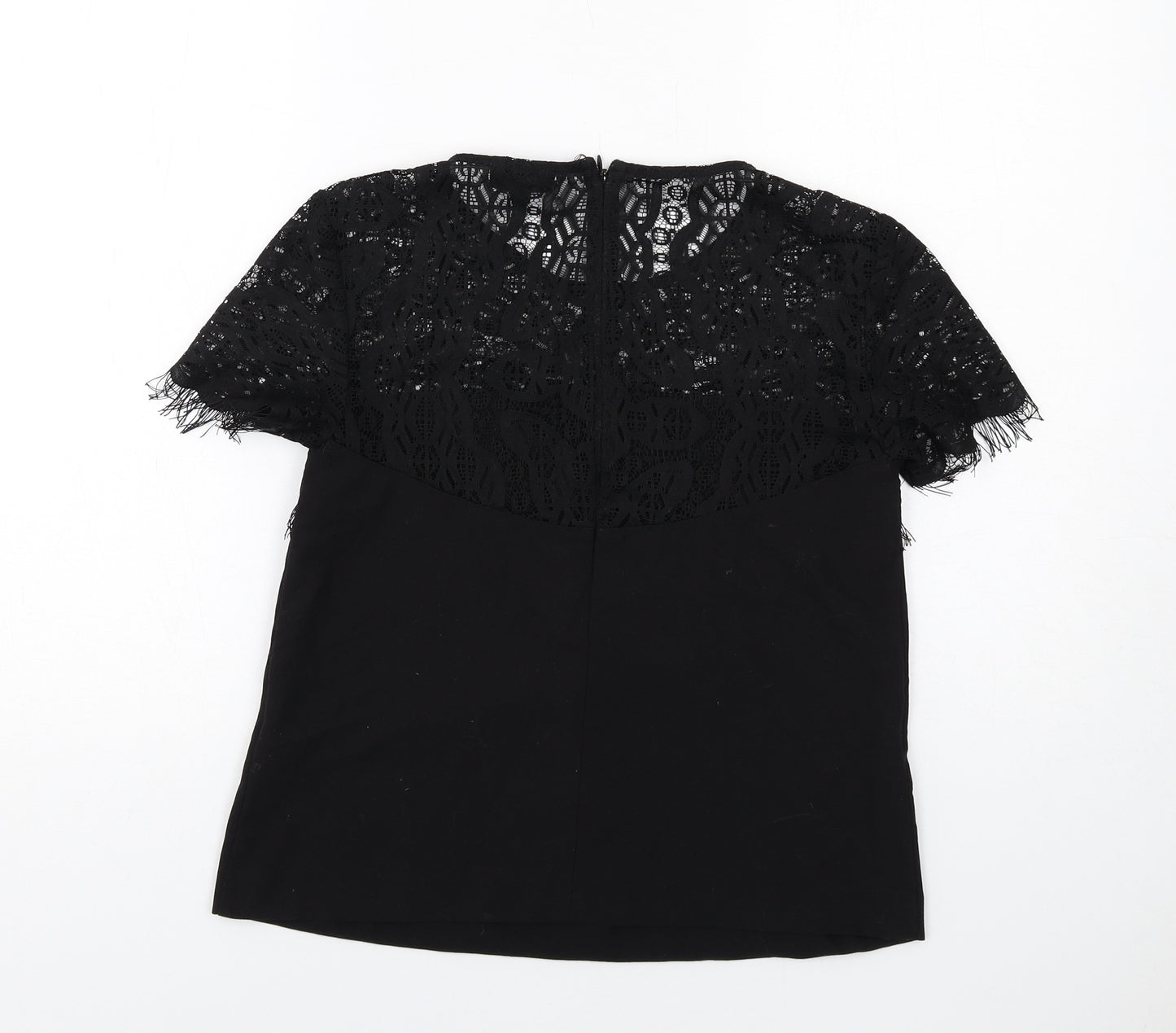 Topshop Womens Black Polyester Basic Blouse Size 8 Round Neck - Lace Details