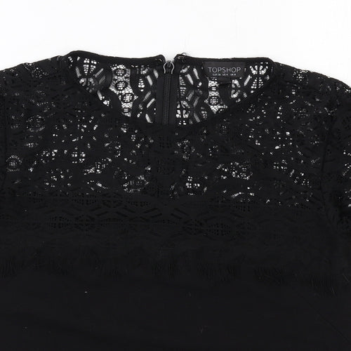 Topshop Womens Black Polyester Basic Blouse Size 8 Round Neck - Lace Details