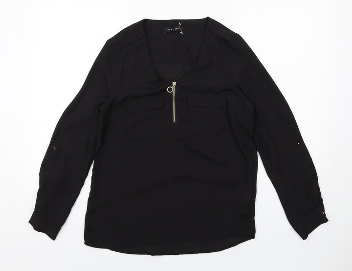 New Look Womens Black Polyester Basic Blouse Size 8 V-Neck