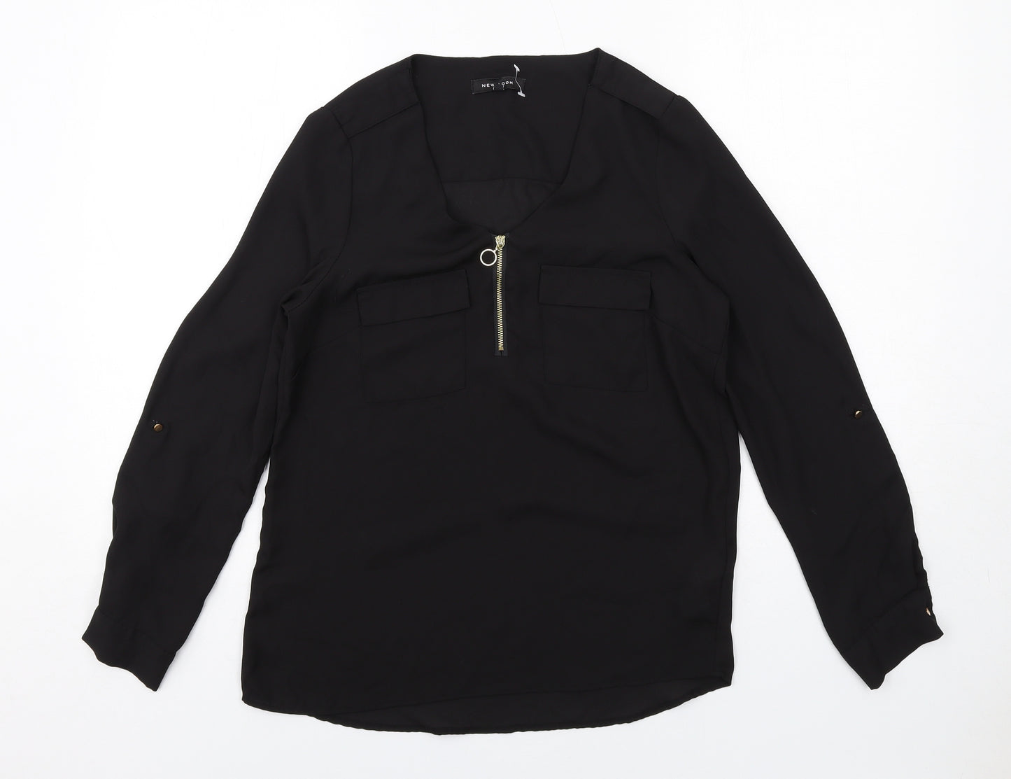 New Look Womens Black Polyester Basic Blouse Size 8 V-Neck