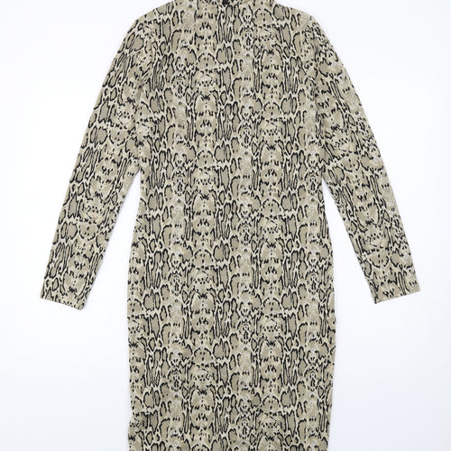 Marks and Spencer Womens Beige Animal Print Polyester A-Line Size 10 Round Neck Zip - Snakeskin pattern