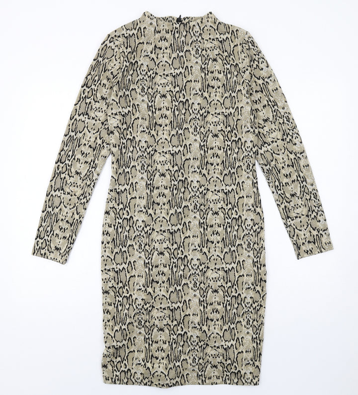 Marks and Spencer Womens Beige Animal Print Polyester A-Line Size 10 Round Neck Zip - Snakeskin pattern