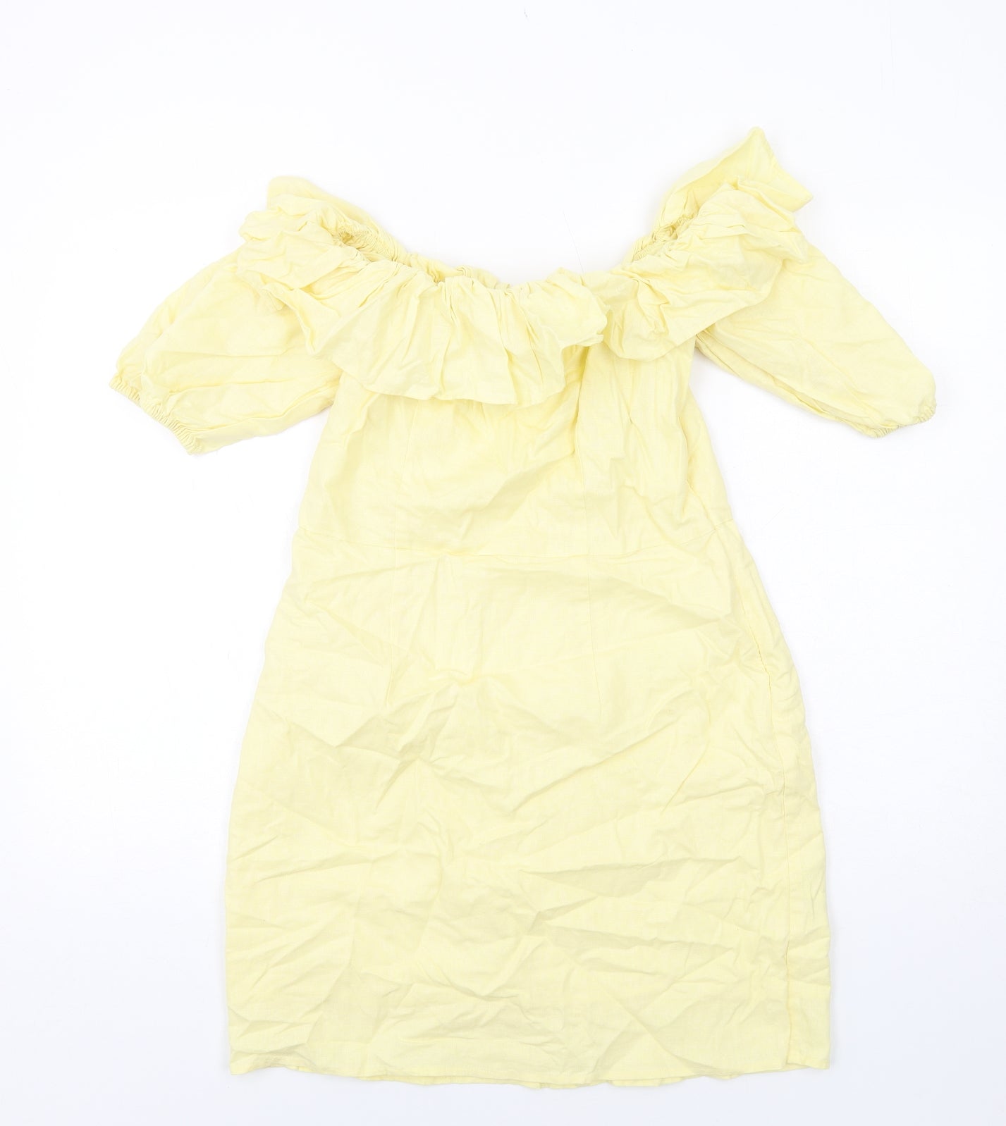 H&M Womens Yellow Linen Mini Size 12 Off the Shoulder Zip