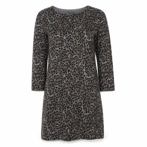 Coercion Womens Grey Animal Print Cotton Jumper Dress Size M Round Neck Pullover - Leopard pattern
