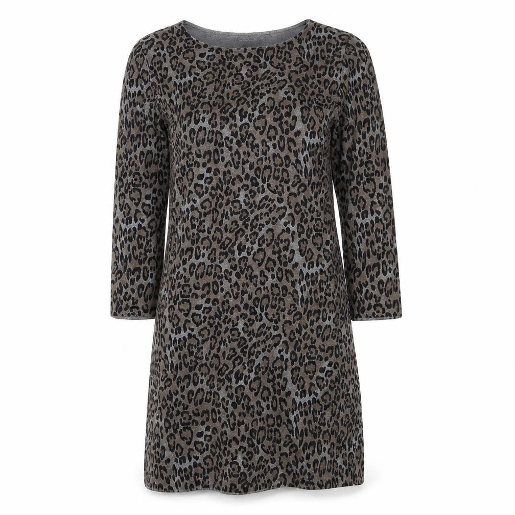 Coercion Womens Grey Animal Print Cotton Jumper Dress Size M Round Neck Pullover - Leopard pattern