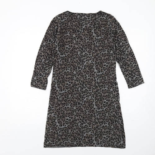 Coercion Womens Grey Animal Print Cotton Jumper Dress Size M Round Neck Pullover - Leopard pattern