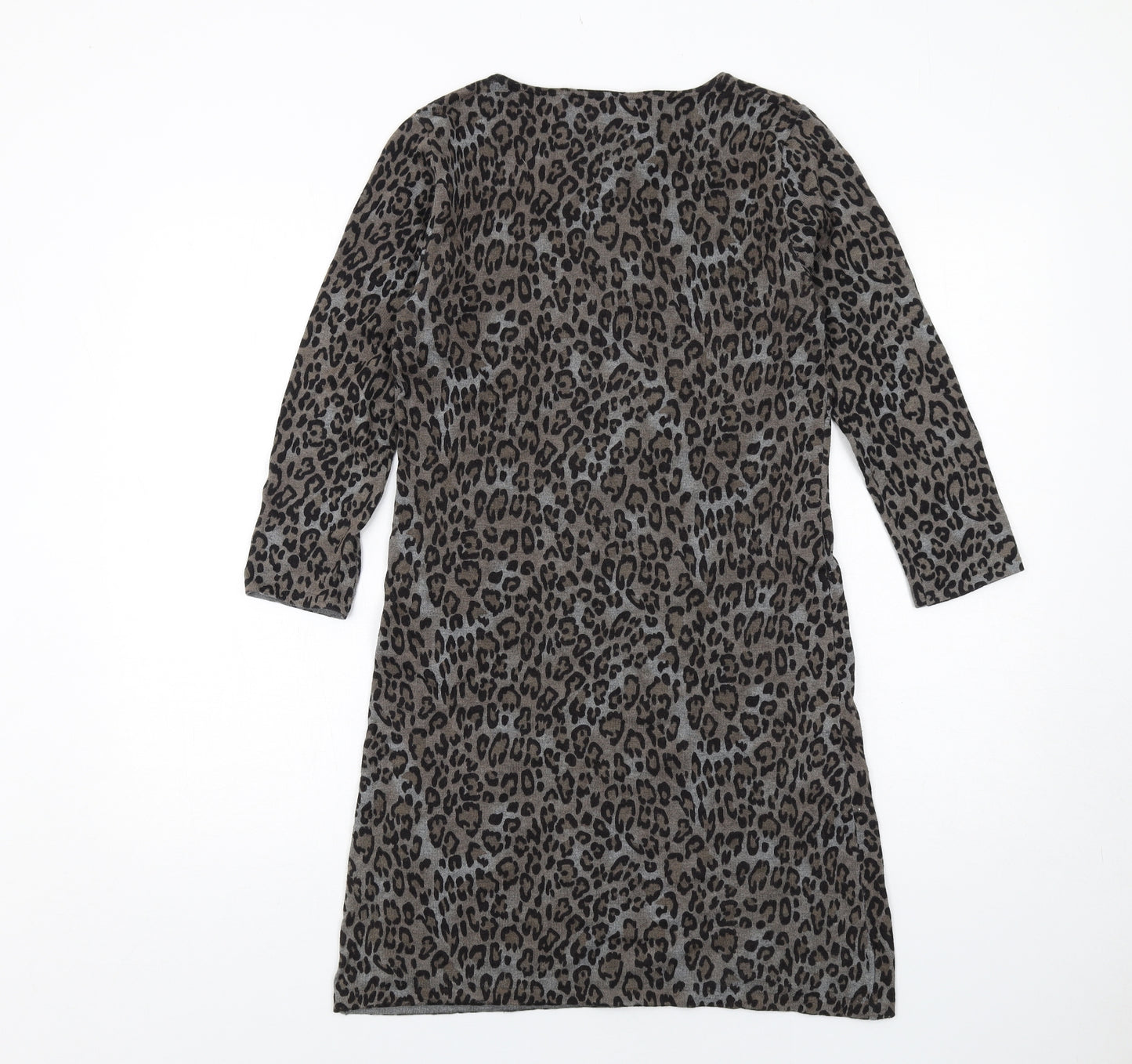 Coercion Womens Grey Animal Print Cotton Jumper Dress Size M Round Neck Pullover - Leopard pattern