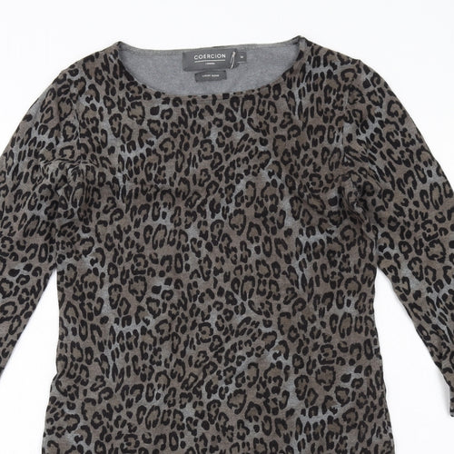 Coercion Womens Grey Animal Print Cotton Jumper Dress Size M Round Neck Pullover - Leopard pattern