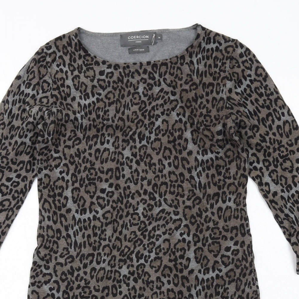 Coercion Womens Grey Animal Print Cotton Jumper Dress Size M Round Neck Pullover - Leopard pattern