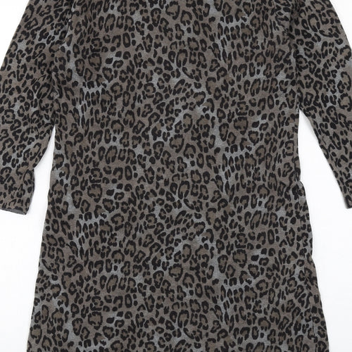 Coercion Womens Grey Animal Print Cotton Jumper Dress Size M Round Neck Pullover - Leopard pattern