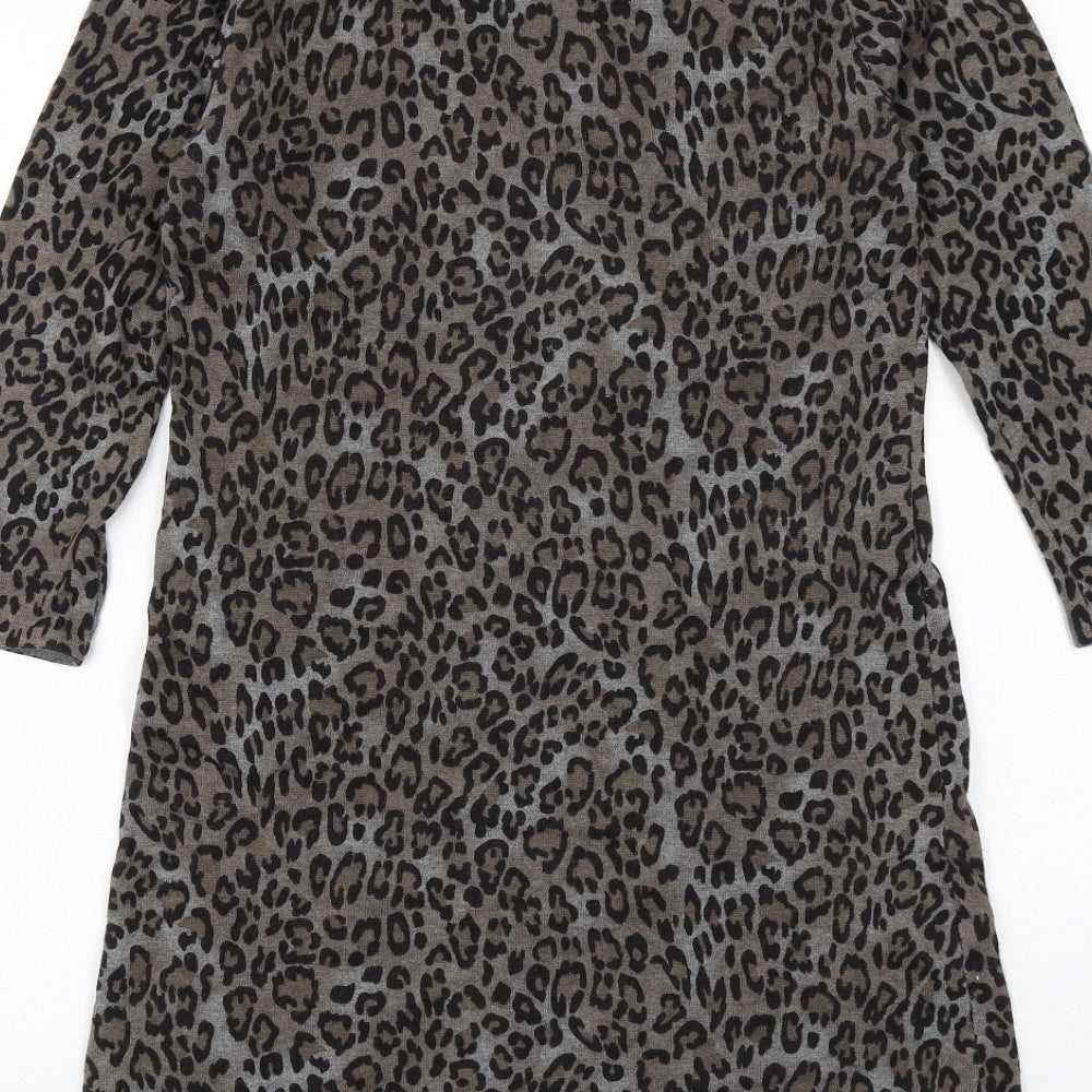 Coercion Womens Grey Animal Print Cotton Jumper Dress Size M Round Neck Pullover - Leopard pattern