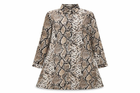 Front view of Vera & Lucy women’s brown animal print polyester shirt dress, size S, collared button - snakeskin pattern
