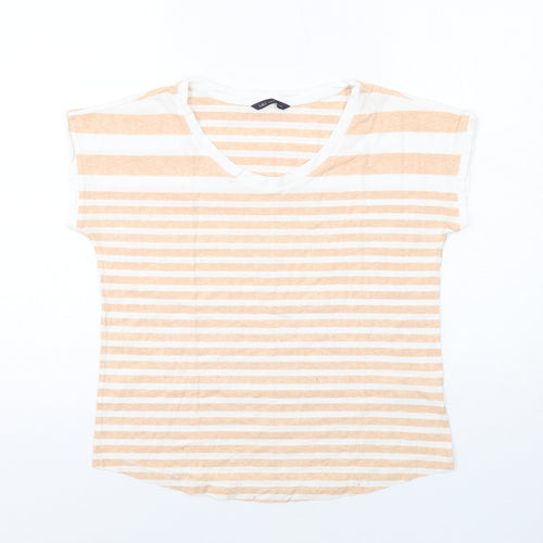 Marks and Spencer Womens Beige Striped Cotton Basic T-Shirt Size 14 Scoop Neck
