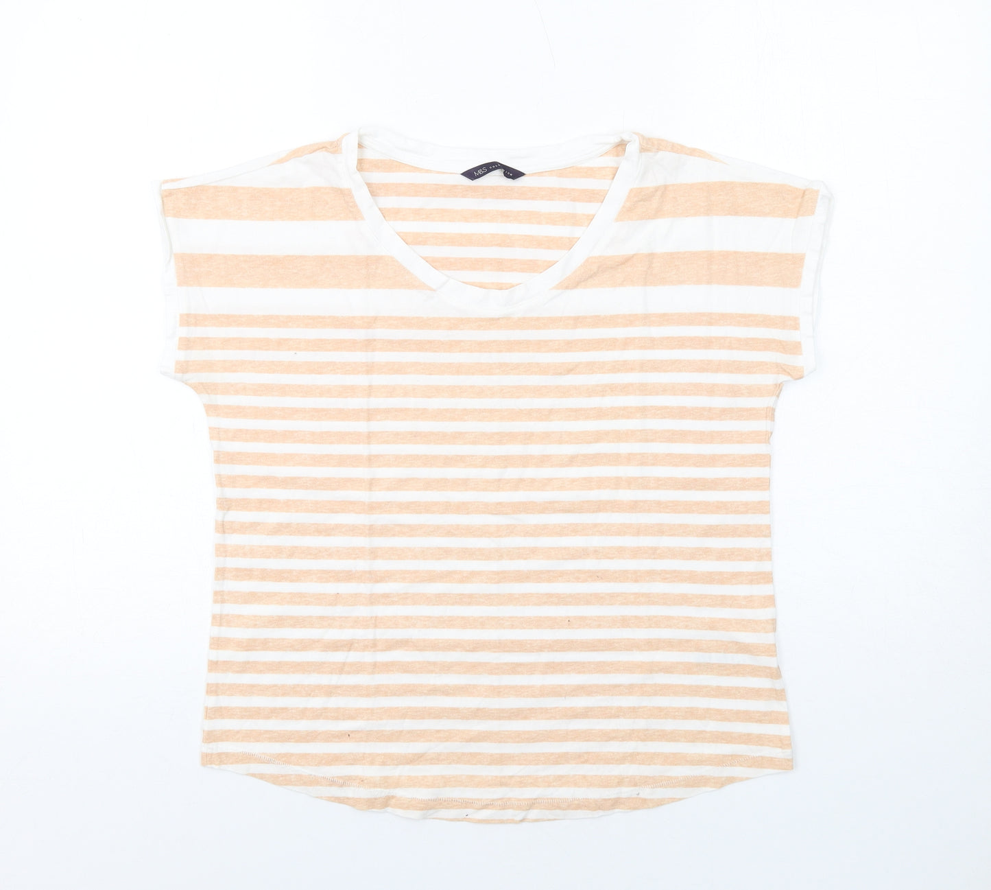 Marks and Spencer Womens Beige Striped Cotton Basic T-Shirt Size 14 Scoop Neck