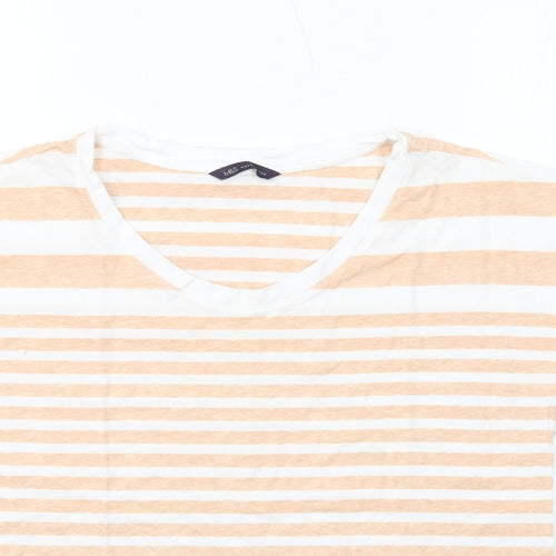 Marks and Spencer Womens Beige Striped Cotton Basic T-Shirt Size 14 Scoop Neck