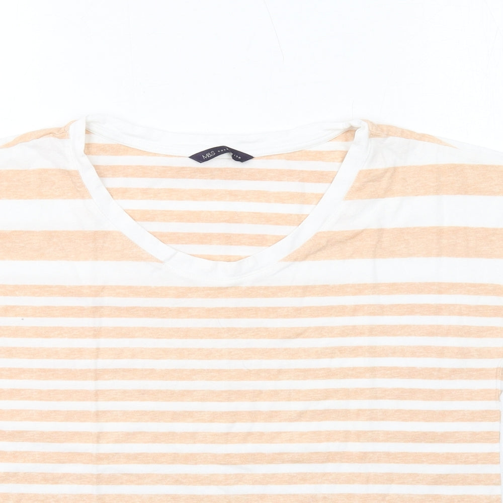 Marks and Spencer Womens Beige Striped Cotton Basic T-Shirt Size 14 Scoop Neck