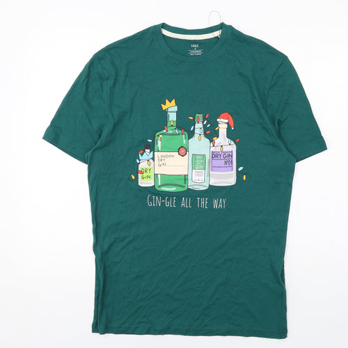 Marks and Spencer Mens Green Cotton T-Shirt Size S Round Neck - Gin-gle All The Way