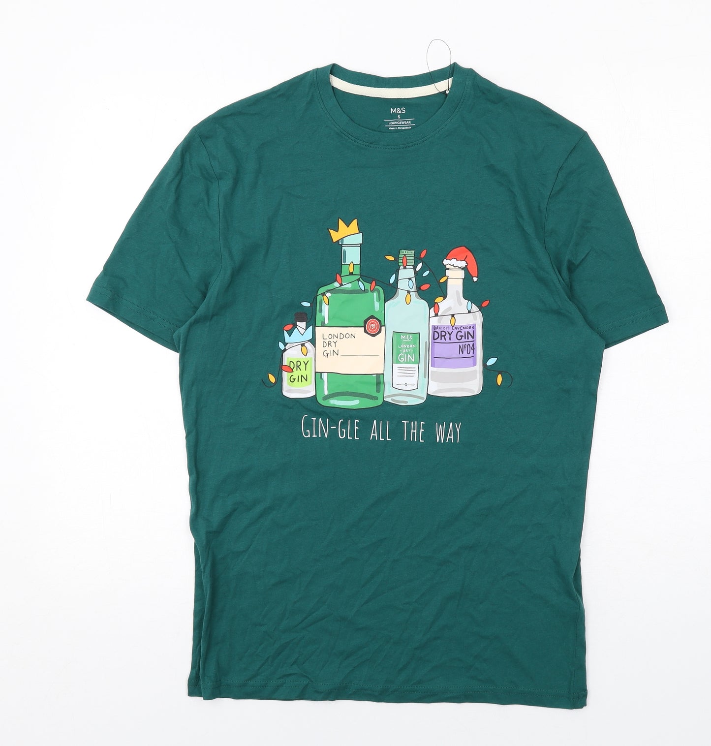 Marks and Spencer Mens Green Cotton T-Shirt Size S Round Neck - Gin-gle All The Way