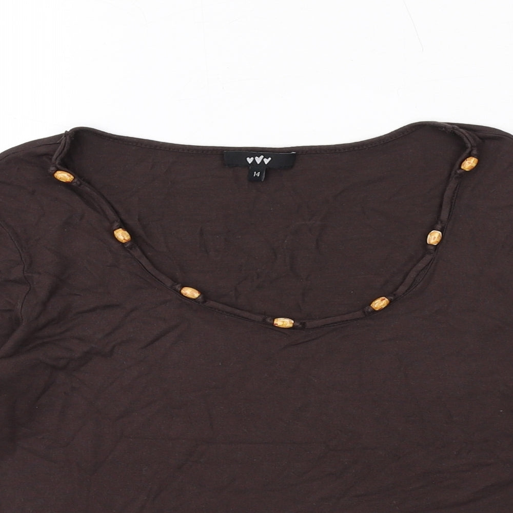 Per Una Womens Brown Viscose Basic T-Shirt Size 14 Scoop Neck - Neckline Detail