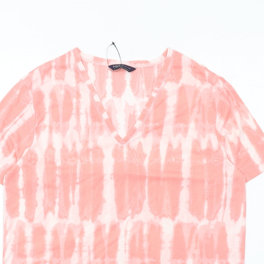 Marks and Spencer Womens Pink Polyester Basic T-Shirt Size 10 V-Neck - Tie-Dye