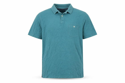 Front view of Maine New England men’s blue cotton polo, size L, collared button