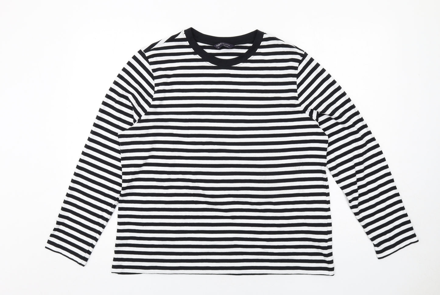 Marks and Spencer Womens Black Striped Cotton Basic T-Shirt Size 16 Crew Neck