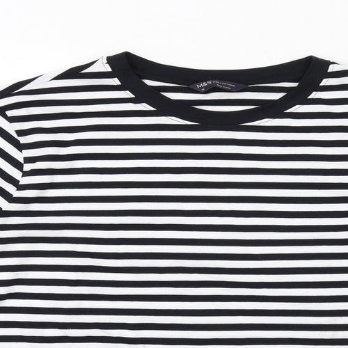 Marks and Spencer Womens Black Striped Cotton Basic T-Shirt Size 16 Crew Neck