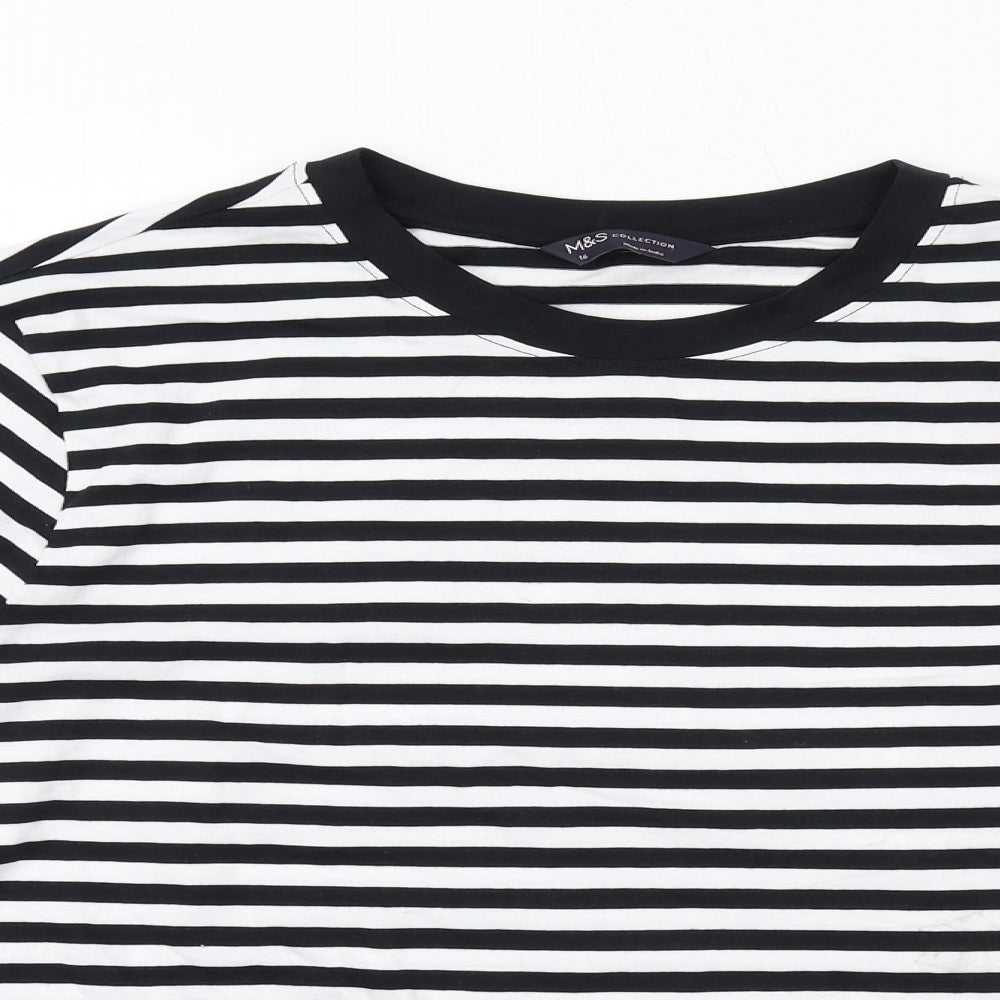 Marks and Spencer Womens Black Striped Cotton Basic T-Shirt Size 16 Crew Neck