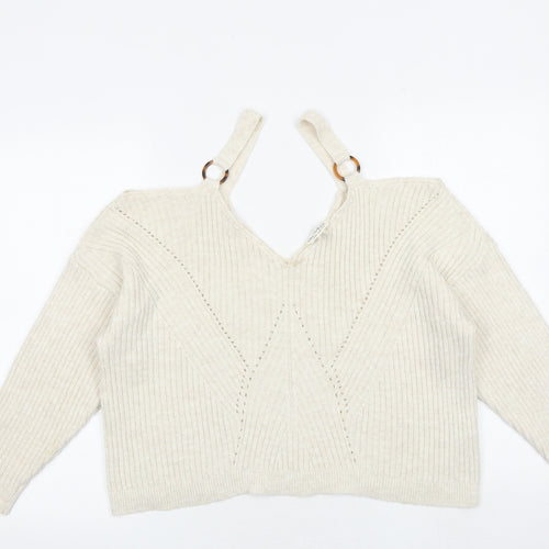 Miss Selfridge Womens Beige V-Neck Polyester Pullover Jumper Size 14 - Cold Shoulder