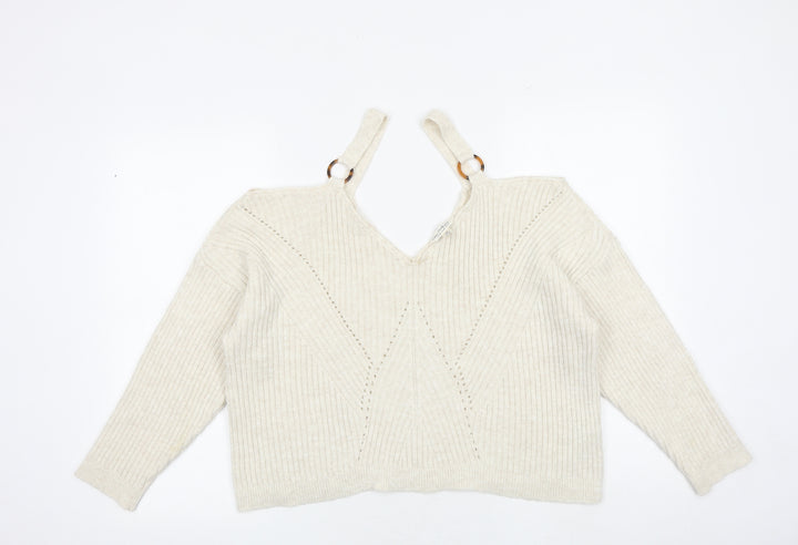 Miss Selfridge Womens Beige V-Neck Polyester Pullover Jumper Size 14 - Cold Shoulder