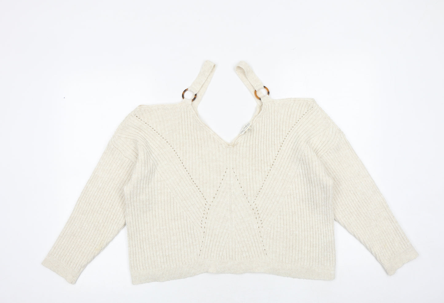 Miss Selfridge Womens Beige V-Neck Polyester Pullover Jumper Size 14 - Cold Shoulder