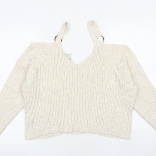 Miss Selfridge Womens Beige V-Neck Polyester Pullover Jumper Size 14 - Cold Shoulder