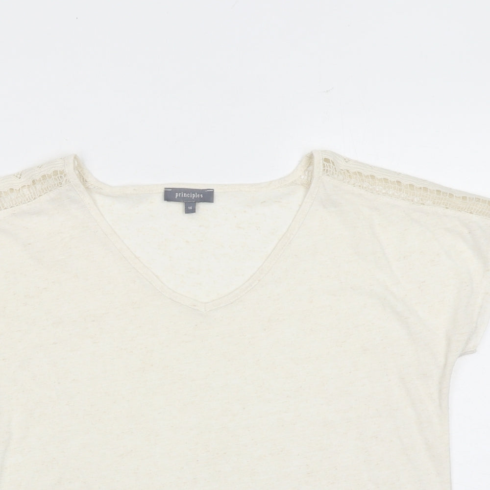 Principles Womens Beige Polyester Basic T-Shirt Size 14 V-Neck - Crocheted Lace Detail