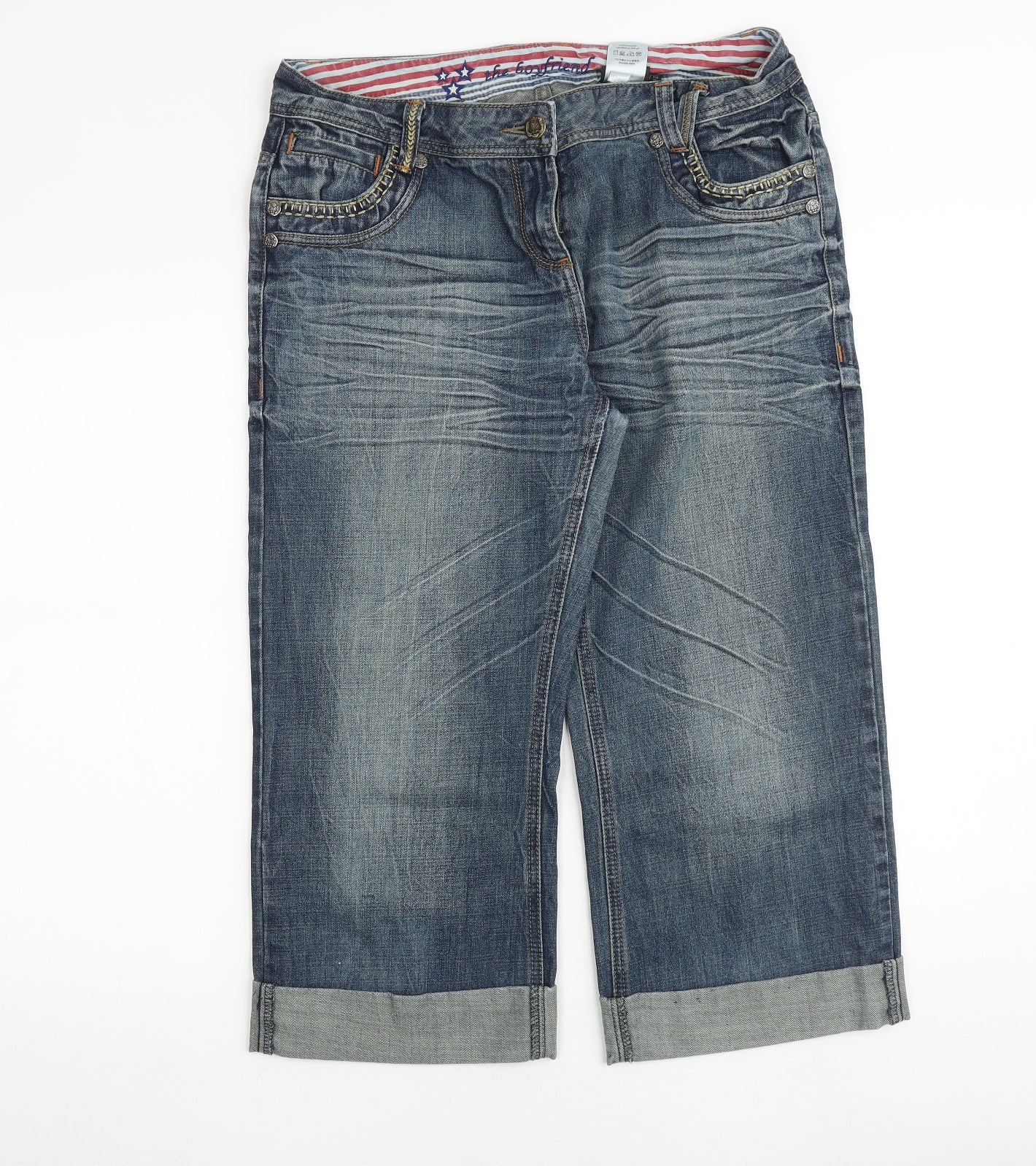 NEXT Womens Blue Cotton Boyfriend Jeans Size 14 Regular Zip