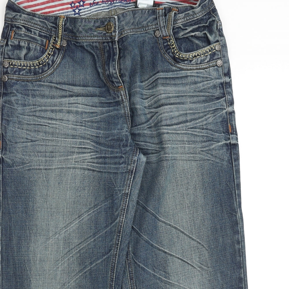 NEXT Womens Blue Cotton Boyfriend Jeans Size 14 Regular Zip