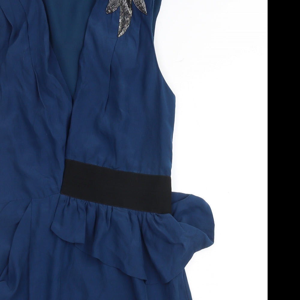 Whistles Womens Blue Silk A-Line Size 14 V-Neck Zip