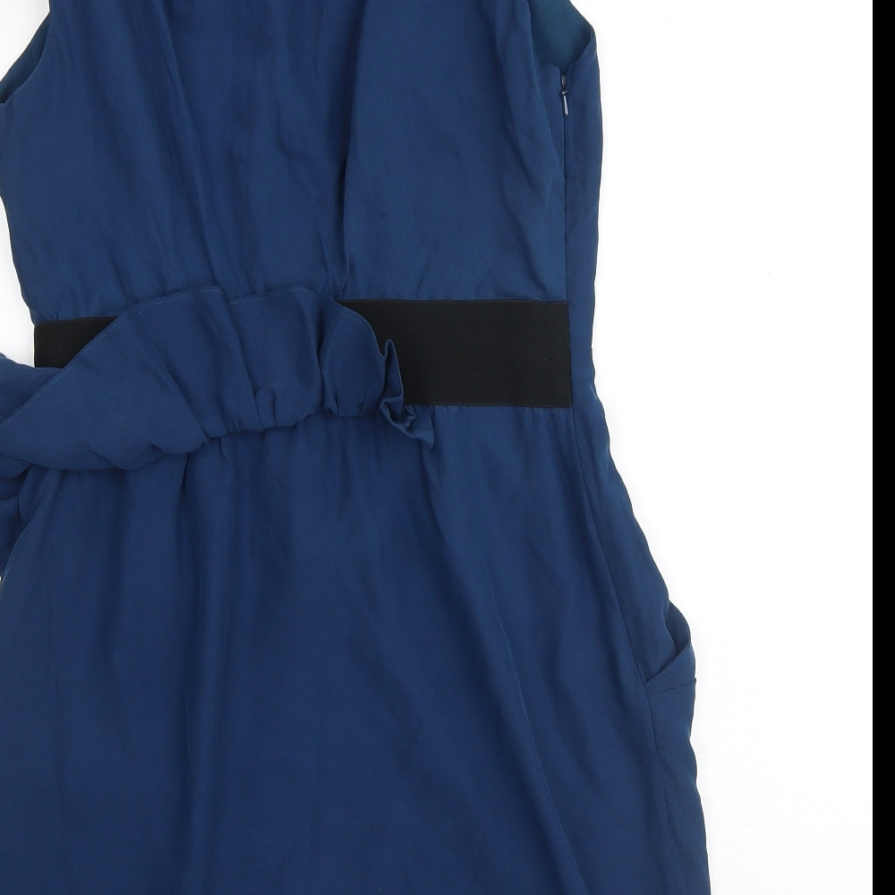 Whistles Womens Blue Silk A-Line Size 14 V-Neck Zip