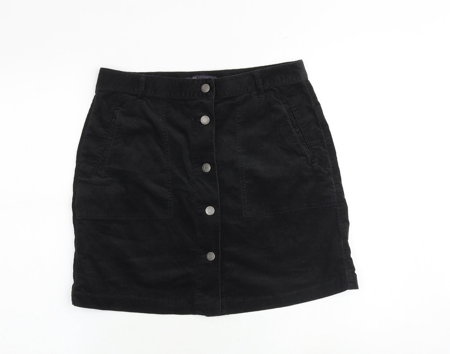 Marks and Spencer Womens Black Cotton A-Line Skirt Size 12 Button
