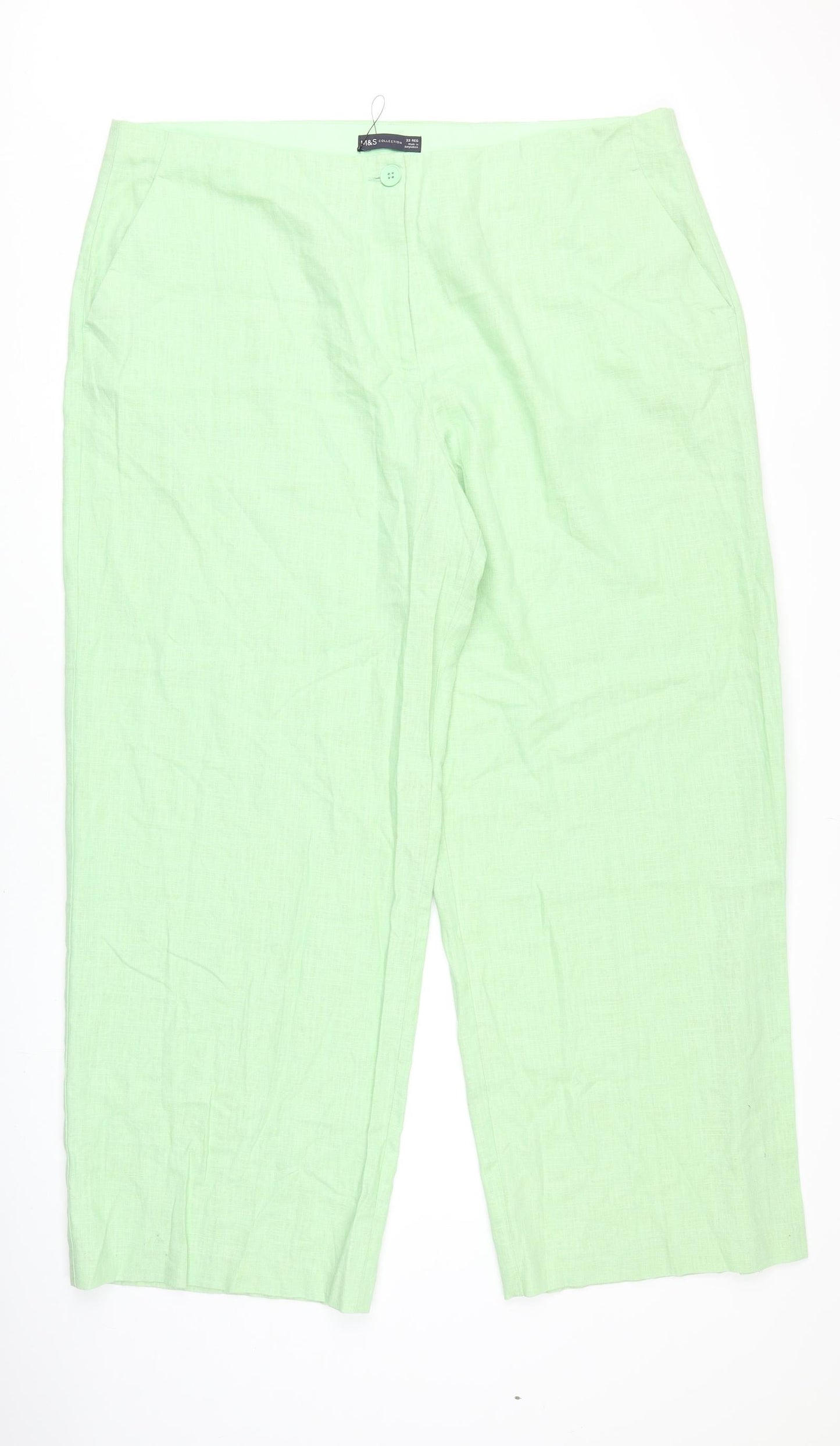 Marks and Spencer Womens Green Linen Trousers Size 22 Regular Zip