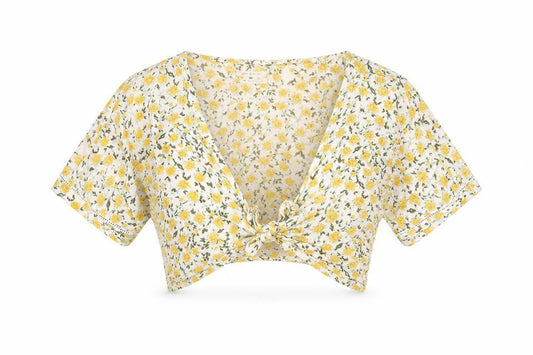 Front view of Urban Outfitters women’s multicoloured floral polyester cropped blouse, size M, round neck