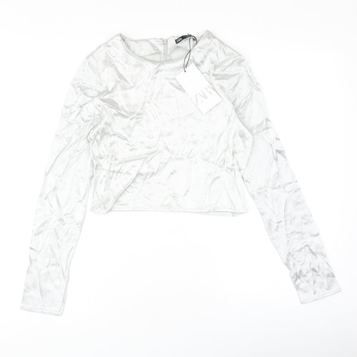 Zara Womens Silver Polyester Cropped Blouse Size S Round Neck
