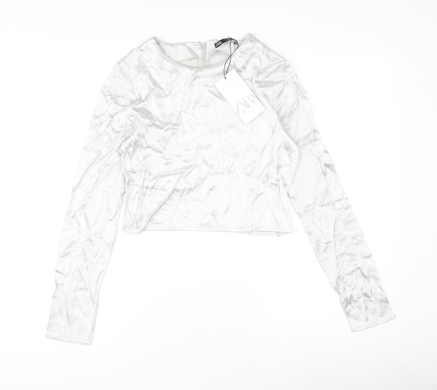 Zara Womens Silver Polyester Cropped Blouse Size S Round Neck