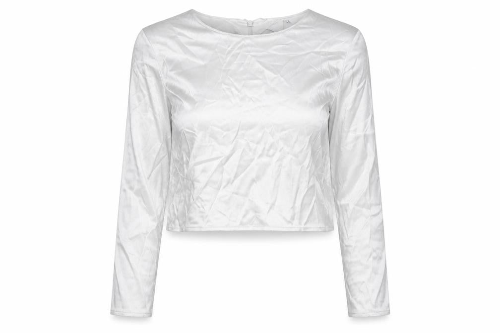 Front view of Zara women’s silver polyester cropped blouse, size S, round neck