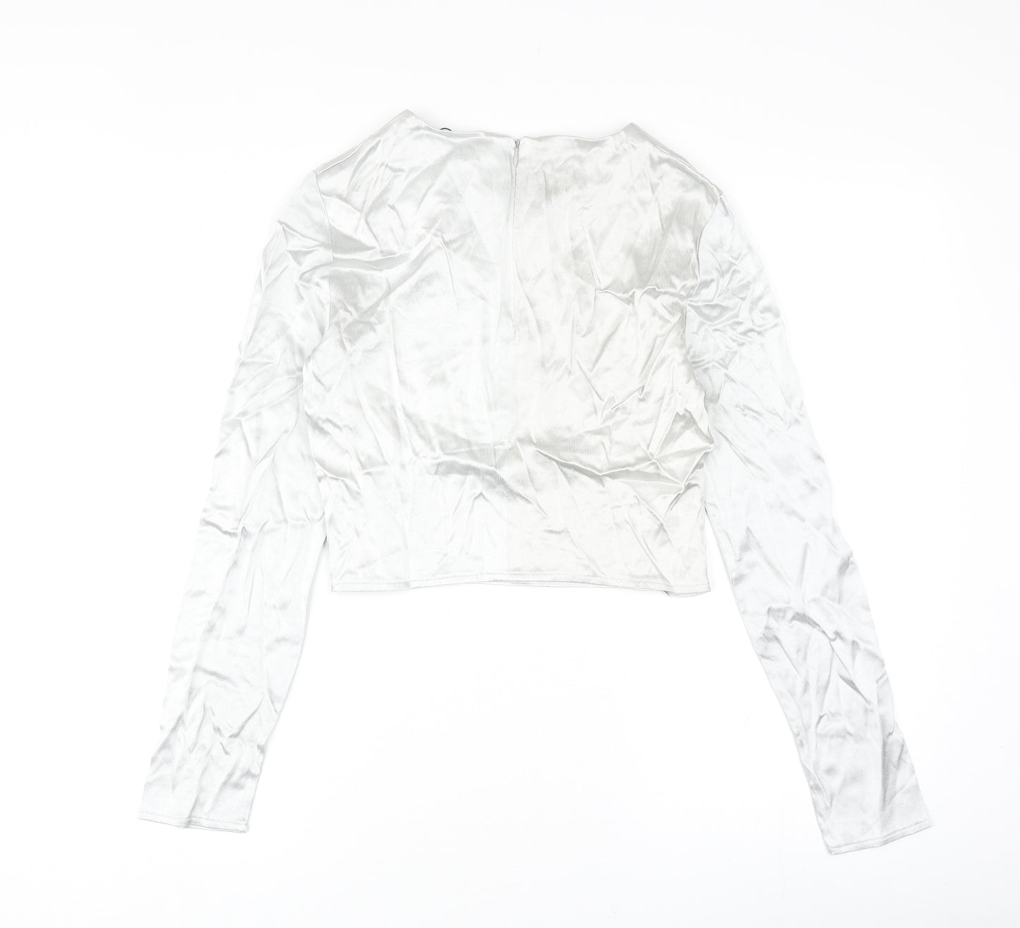 Zara Womens Silver Polyester Cropped Blouse Size S Round Neck